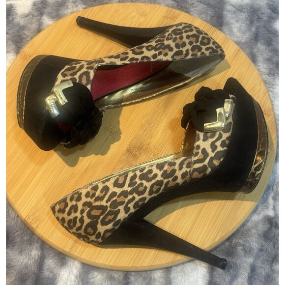 Sam Edelman Circus Leigh Boudoir platform pumps Stilettos leopard Faux Suede Bow - Picture 7 of 9